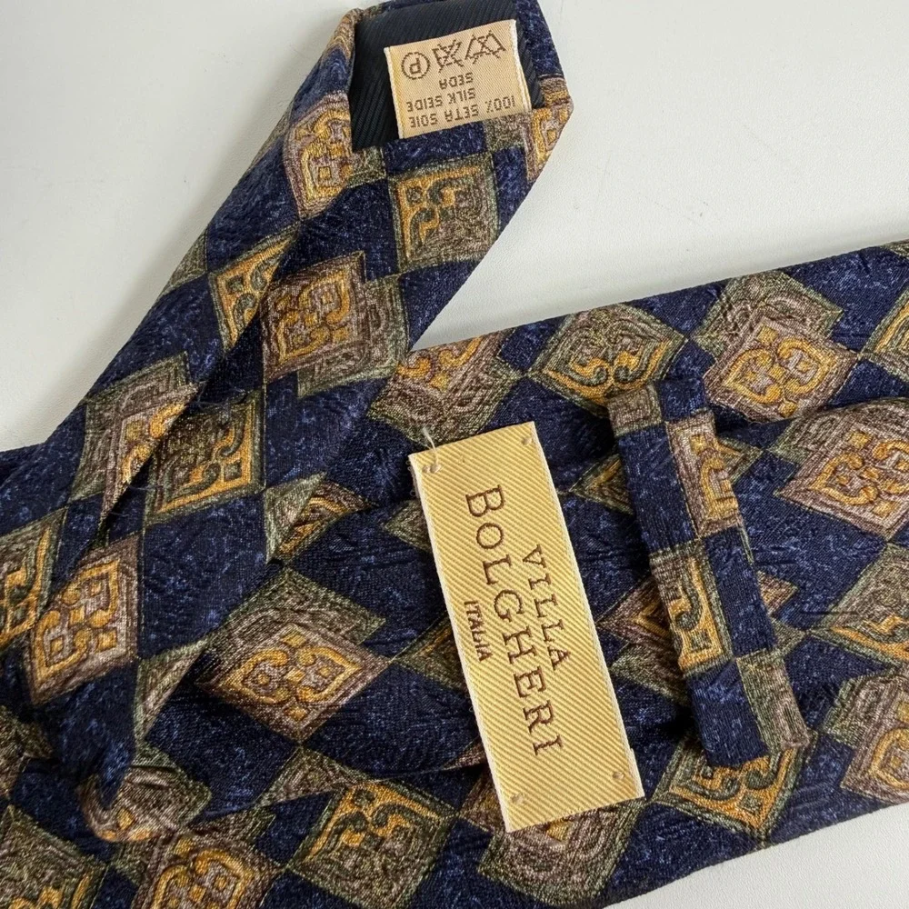 Villa Bolgheri Silk Tie Mens OS Blue Gold Geometric Diamond Made in Italy Luxury